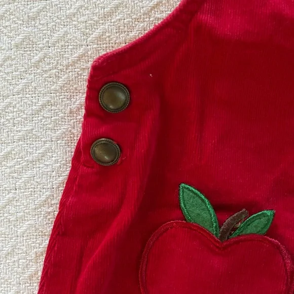 Max Studio Kids Red Corduroy Overalls Dress with Apple Accents - Picture 4 of 6